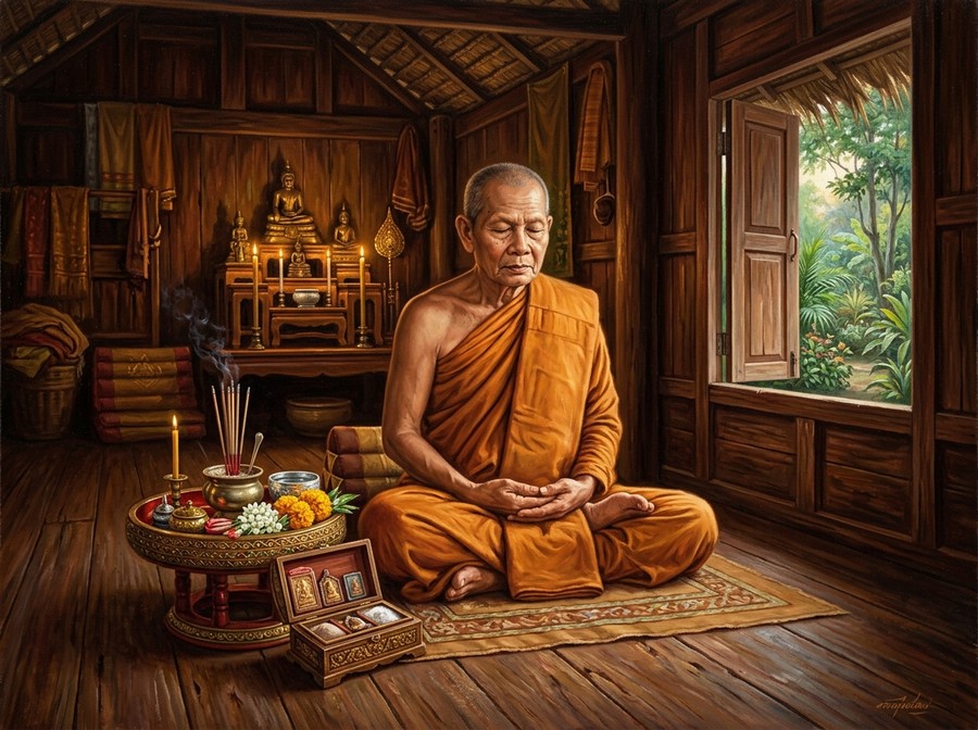 Master Monk Meditating to Purify Sacred Powders for Kuman Thong