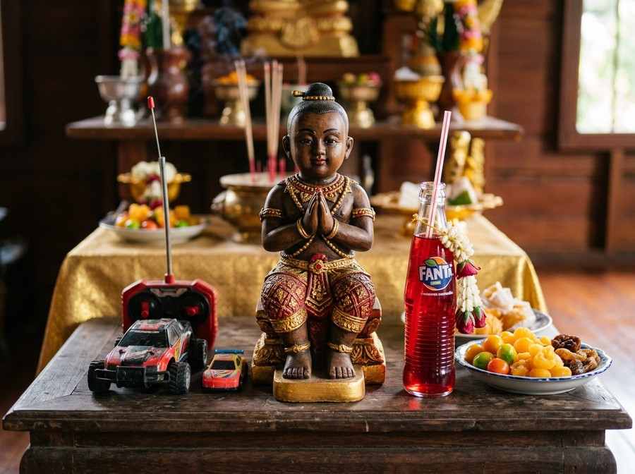 Modern Kuman Thong Shrine with Offerings and Red Soda